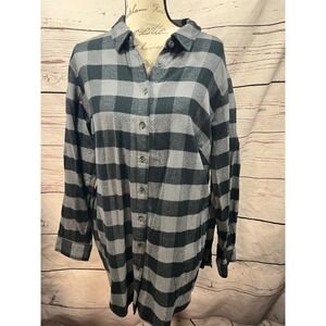 Joan Rivers Womens 1X Buffalo Plaid Button Down Shirt Grey Black Cotton Flannel